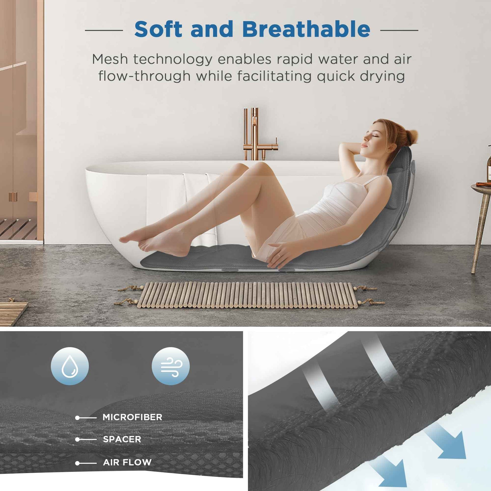 Full Body Bath Pillow for Tub, Extra Thick 4D Air Mesh & Quick-Dry Spa Pillow for Head Neck and Beck Support, Non-Slip Suction Cups Fits All Tubs - Luxury Bath Accessories for Relaxation, Grey (Grey)