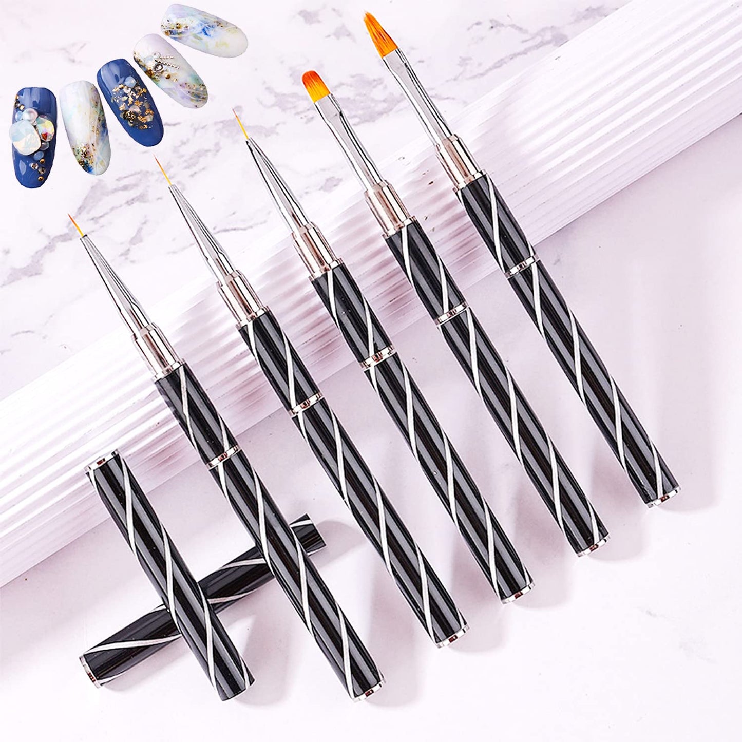 JERCLITY 5pcs Twill Black Double-Ended Nail Art Brushes Set Nail Liner Brush Nail Lace Brush Round Flat Gel Builder Brush Nail Carving Pen 3D Painting Brush Nail Design Tools for Acrylic Nails