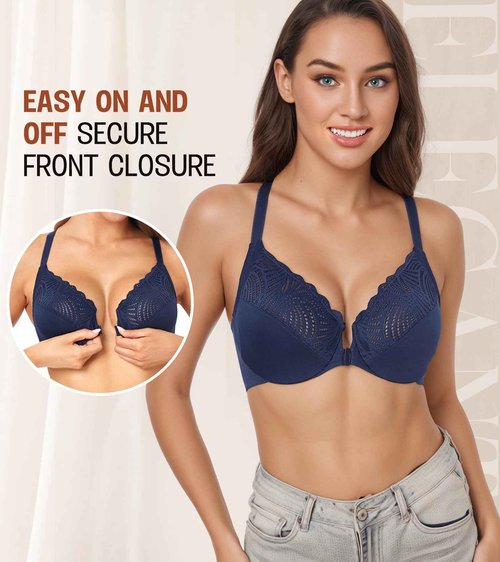 DotVol Women's Plus Size Front Closure Lace T-Back Underwire Everyday Bra(38C,Blue)