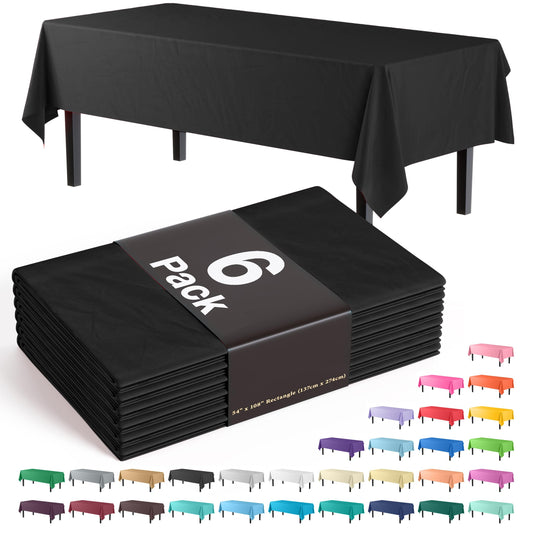 Exquisite 6-Pack Premium Plastic Tablecloth 54in. x 108in. Rectangle Plastic Table Cover - Black