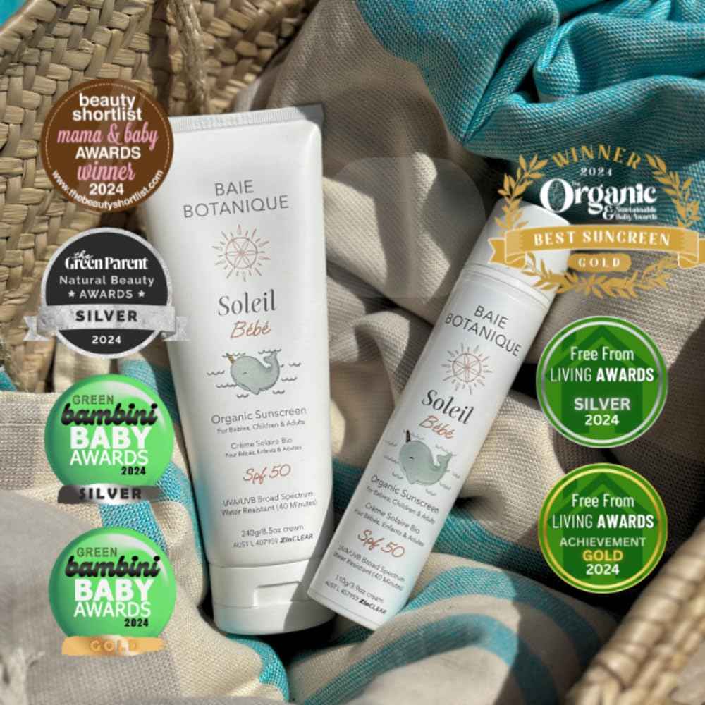 Baie Botanique Soleil Bébé - Organic Non-Toxic Mineral Baby Sunscreen SPF 50 - Sunflower & Jojoba - Unscented - Natural - Vegan - No White Cast - Reef Safe - UVA/UVB - 100g