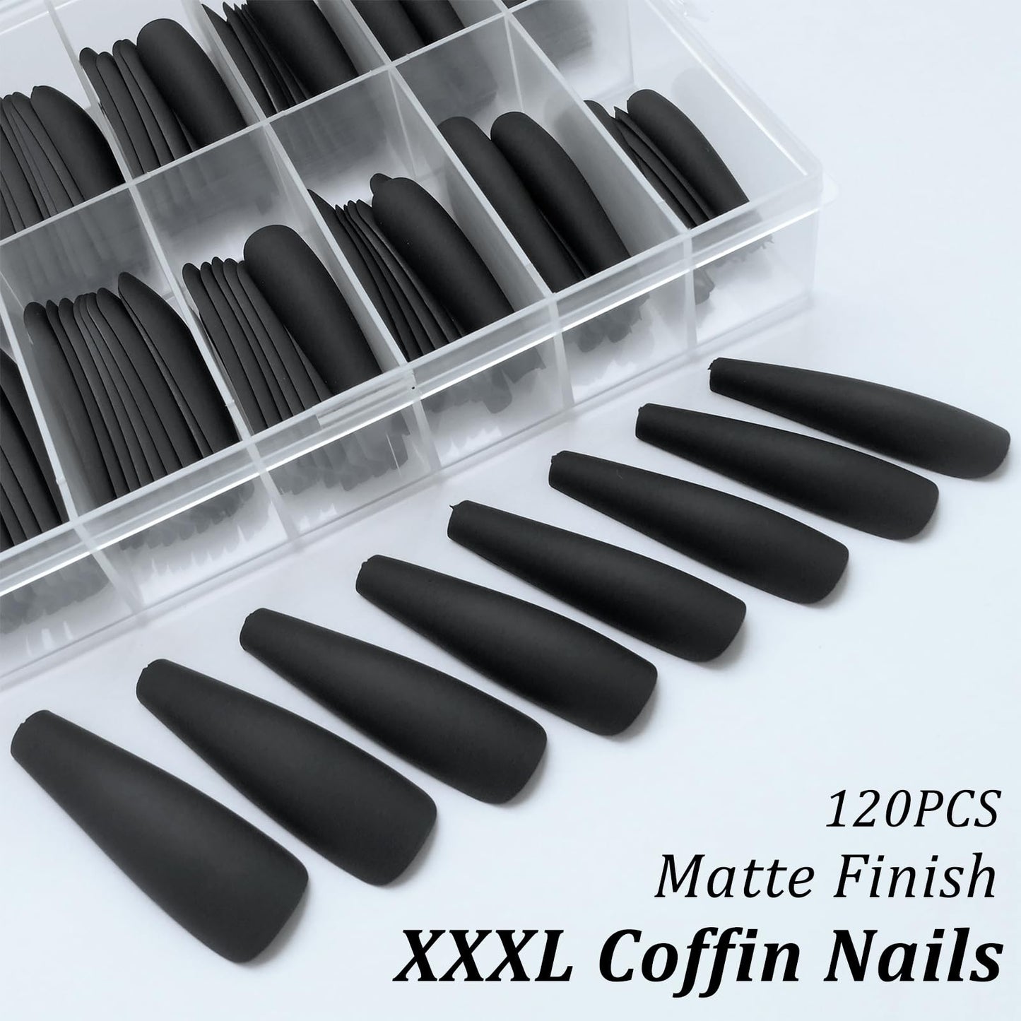 AddFavor XXL Extra Long Press on Nails Coffin Matte Fake Nails Full Cover Acrylic False Nails 12 Sizes 120pcs Black Nail Tips for Women Fingernails Manicure Design