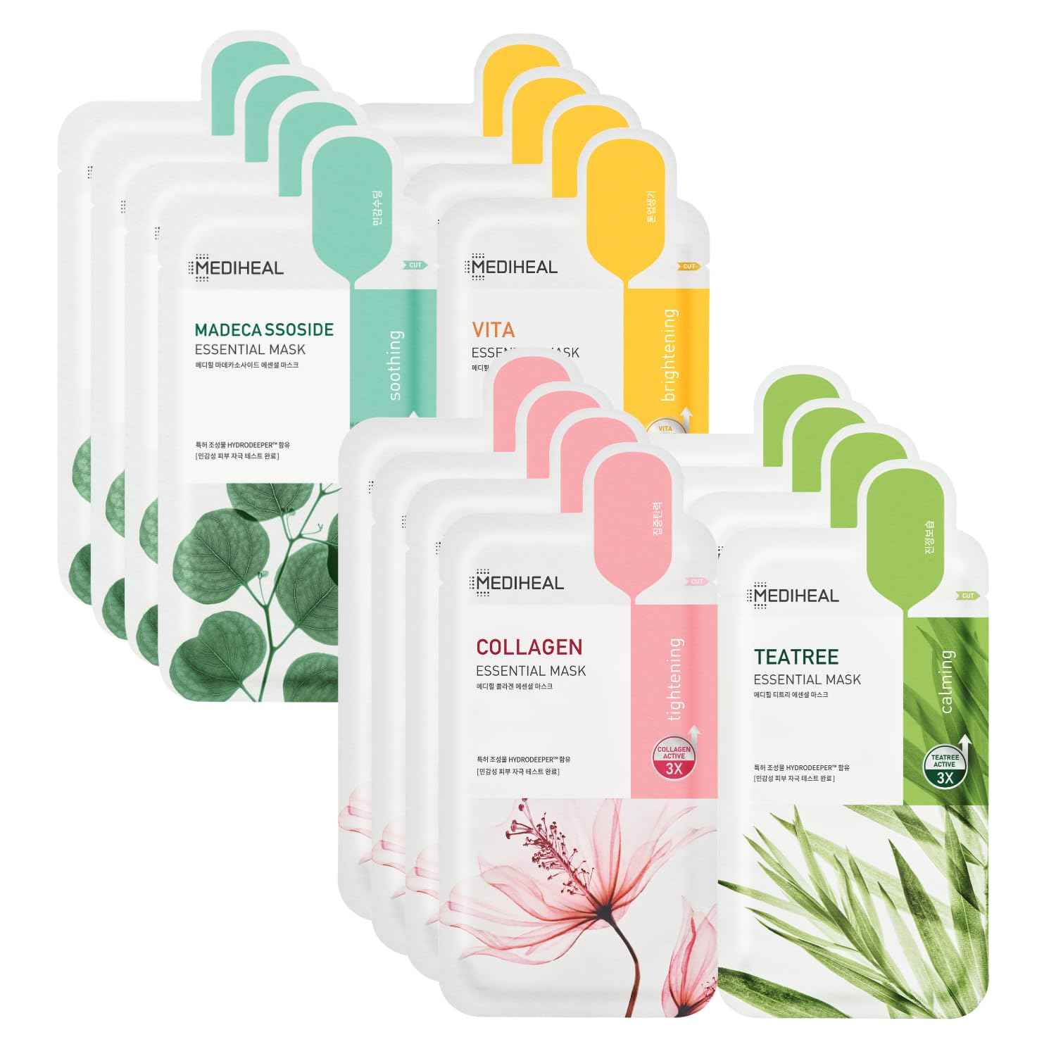 Mediheal Sheet Mask New Essential HERO 16 pack (Collagen, Tea Tree, Madecassoside, Vita) | Korean Skincare Facial Sheet Mask Combo Kbeauty Korean Glass Skin