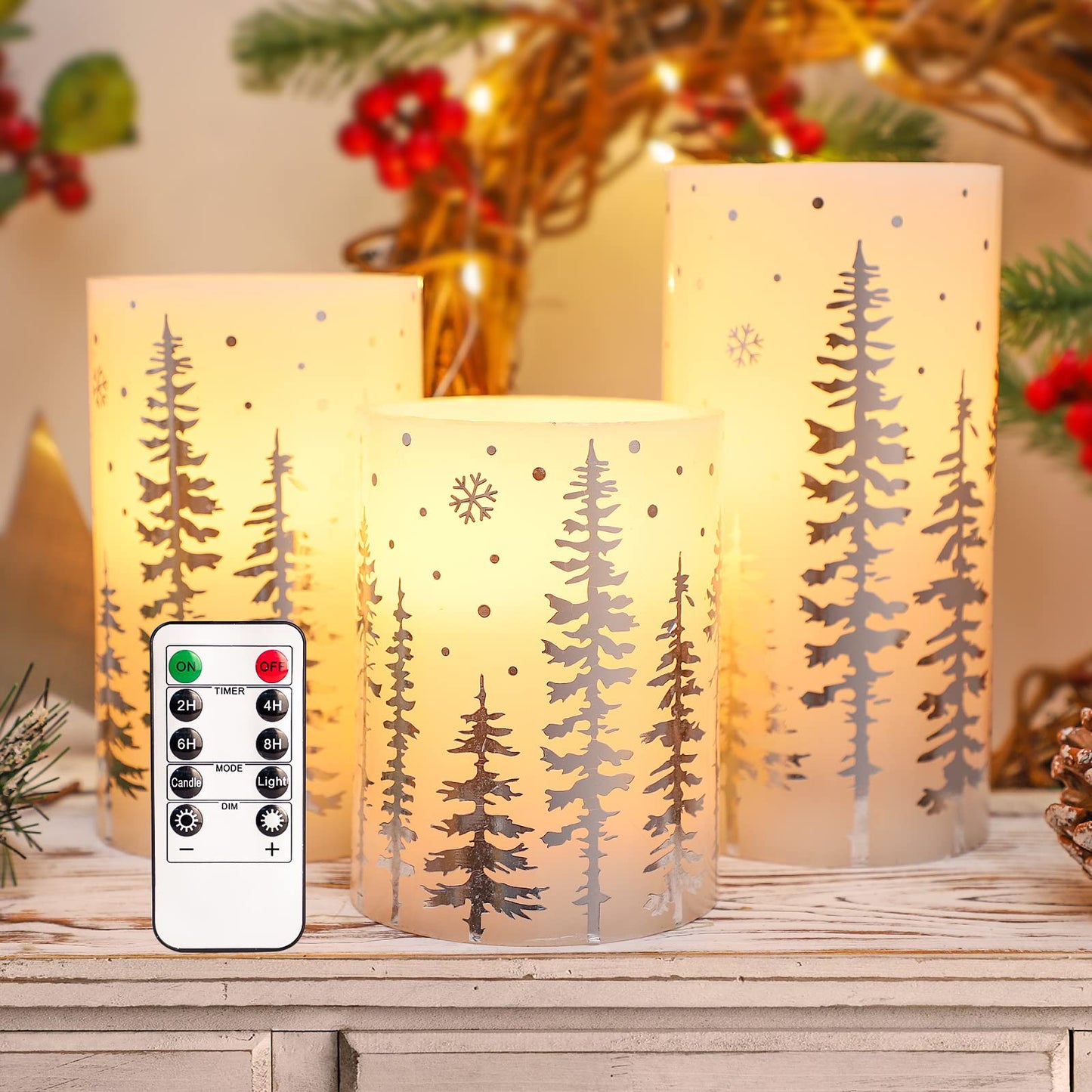 REVELBUNNY Christmas Tree LED Candles Battery Operated Flickering Flameless Candles with Remote Timer, Real Wax Pillar Candles for Birthday Home Holiday Decoration Christmas Gifts, Set of 3