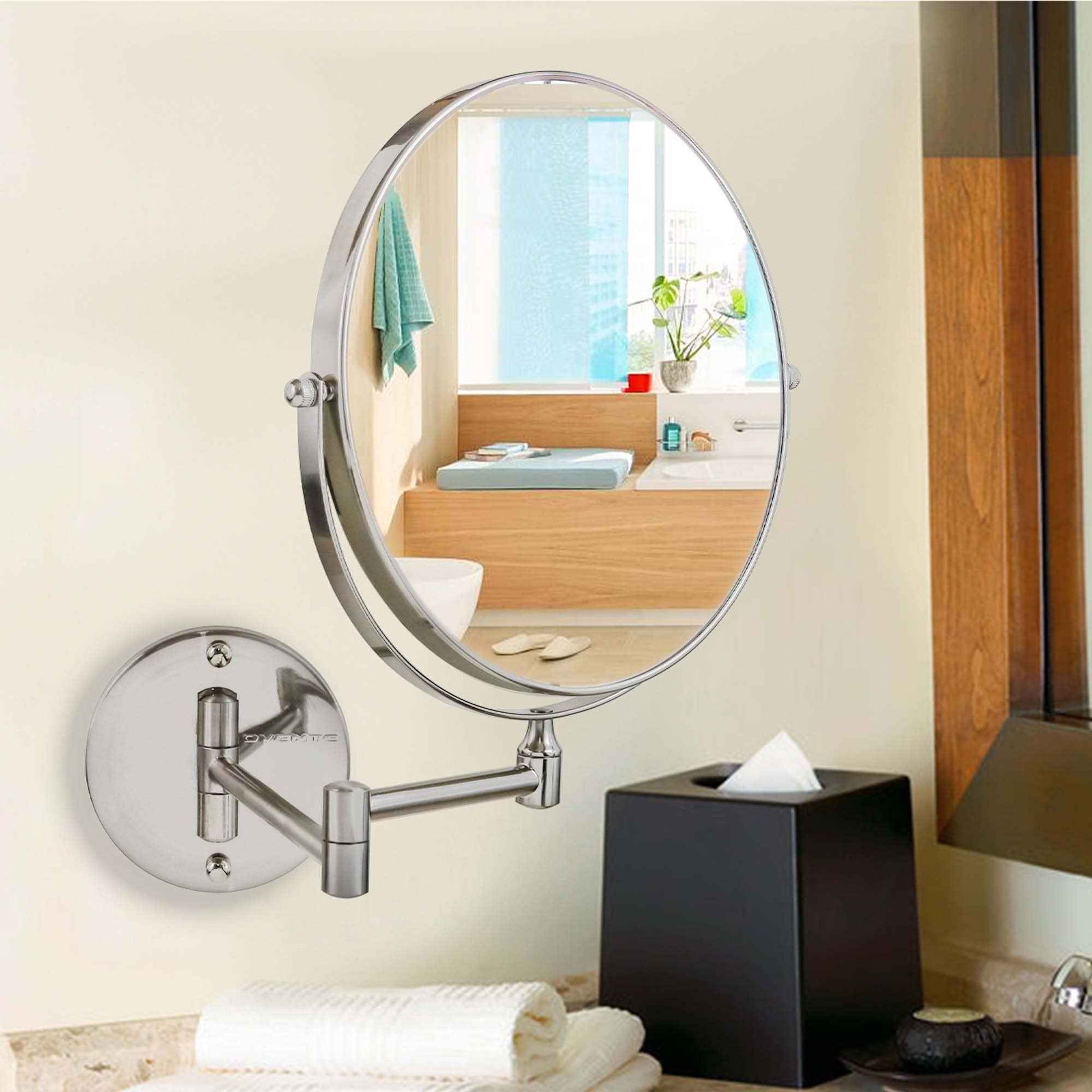 OVENTE 9" Wall Mounted Makeup Mirror with 1X/10X Magnification, Double Sided Magnifying Round Bathroom Vanity Mirror, 360° Swivel Design, Extendable and Folding Arm, Nickel Brushed MNLFW90BR1X10X