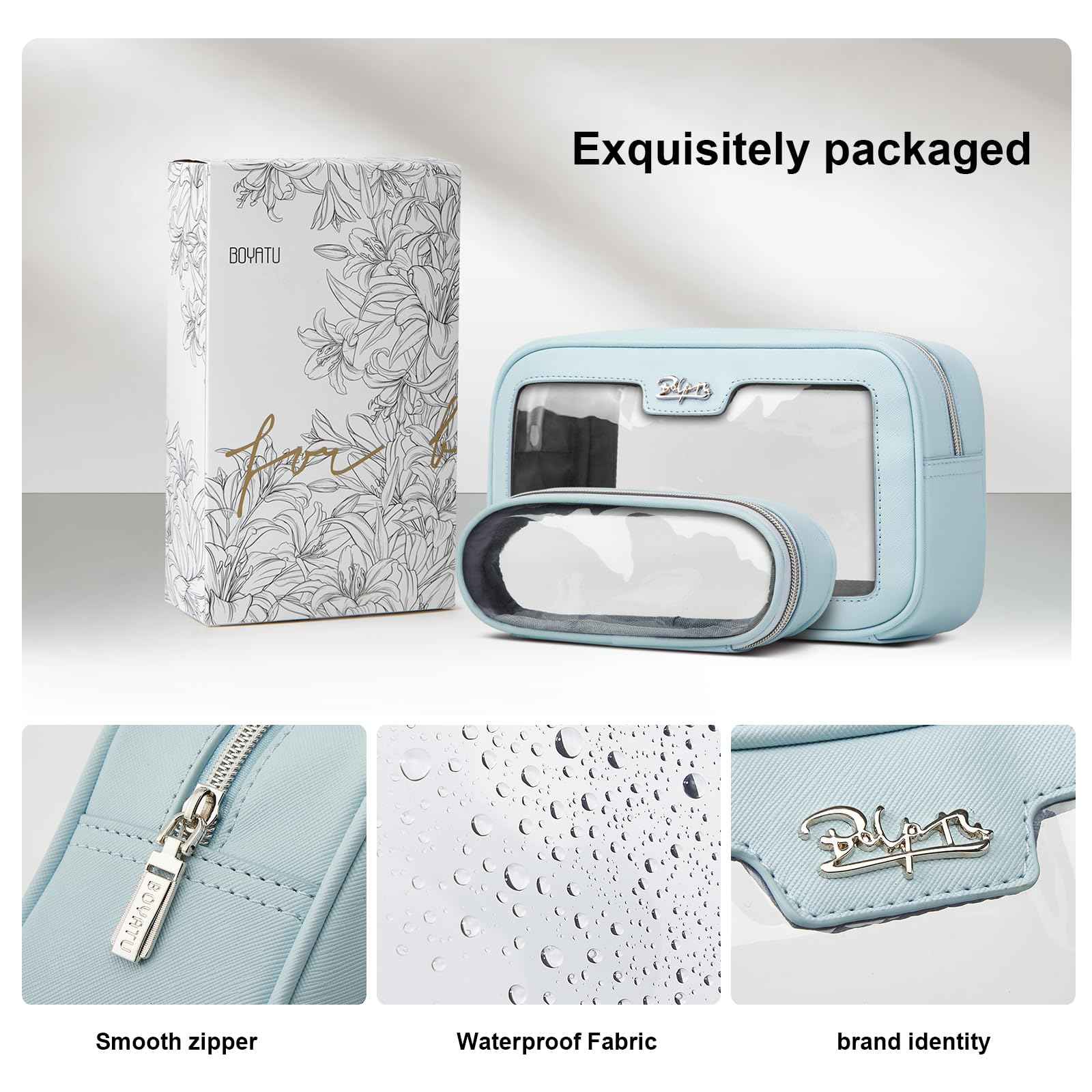 BOYATU Cute Travel Makeup Bag Set: Clear Cosmetic Bag Waterproof Toiletry Bags for Women - Large Skincare Pouch With Small Make up Brush Case for Girl (04-Blue)