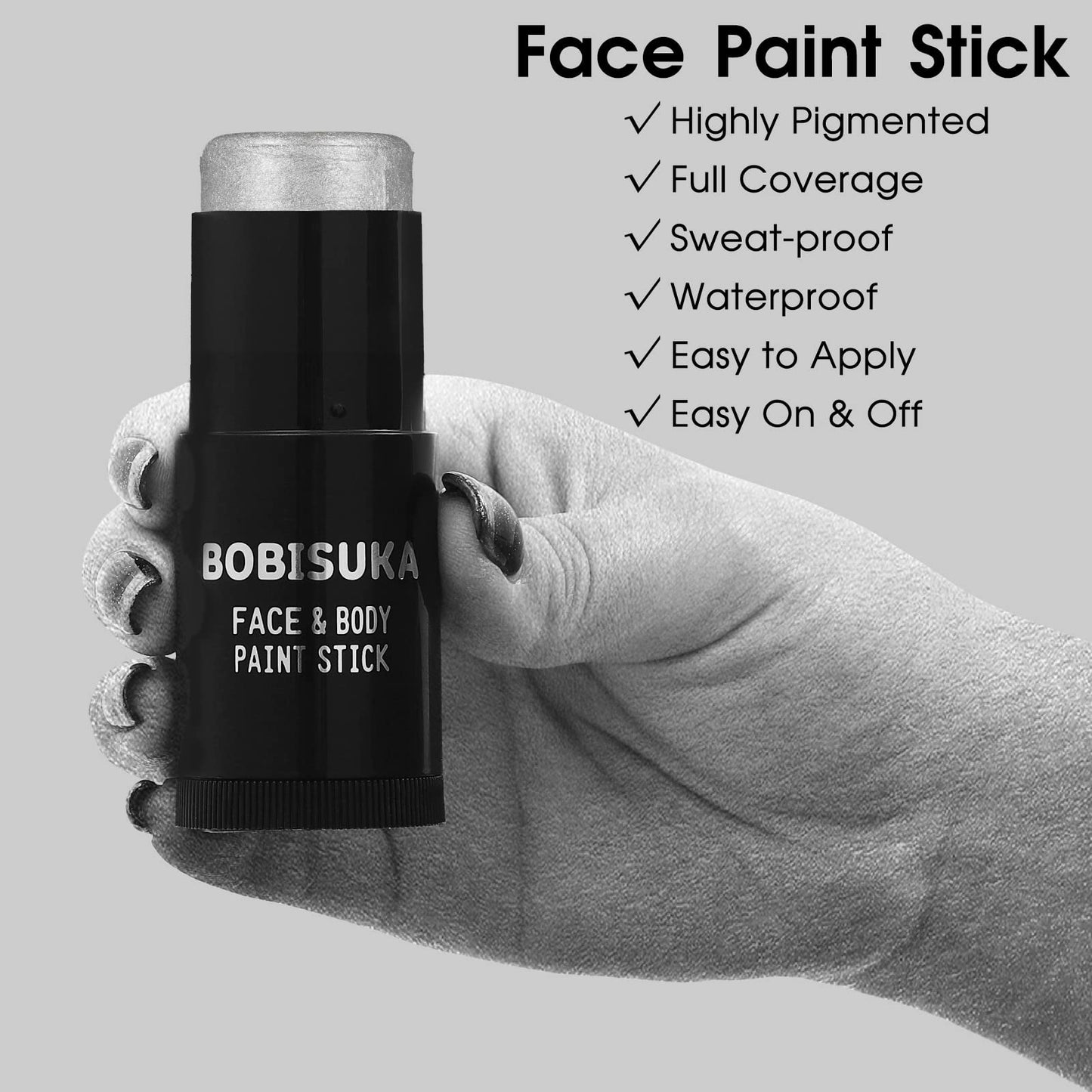 BOBISUKA Silver Face Paint Stick, Waterproof Metallic Silver Full Body Paint Sticks, Blendable Painting Kit for Halloween Makeup SFX Cosplay Special Effects Parties Cosplay Costume Stage