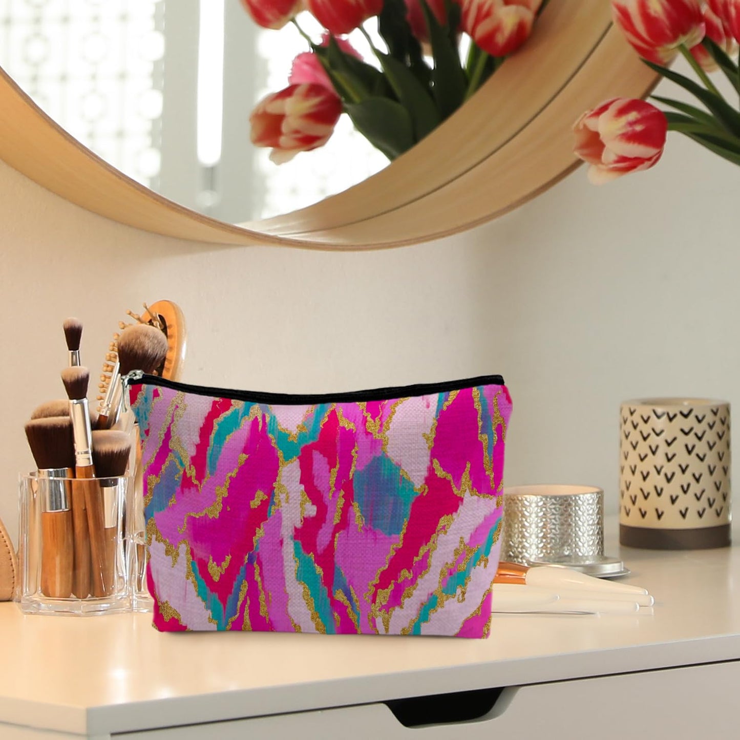 RYYCDOI Hot Pink Teal Gold Painting Cosmetic Bag, Colorful Marble Makeup Bag for Women, Preppy Makeup Bag, Toiletry Bag, Preppy Stuff, Aesthetic Makeup Bag, Preppy Gifts for Women