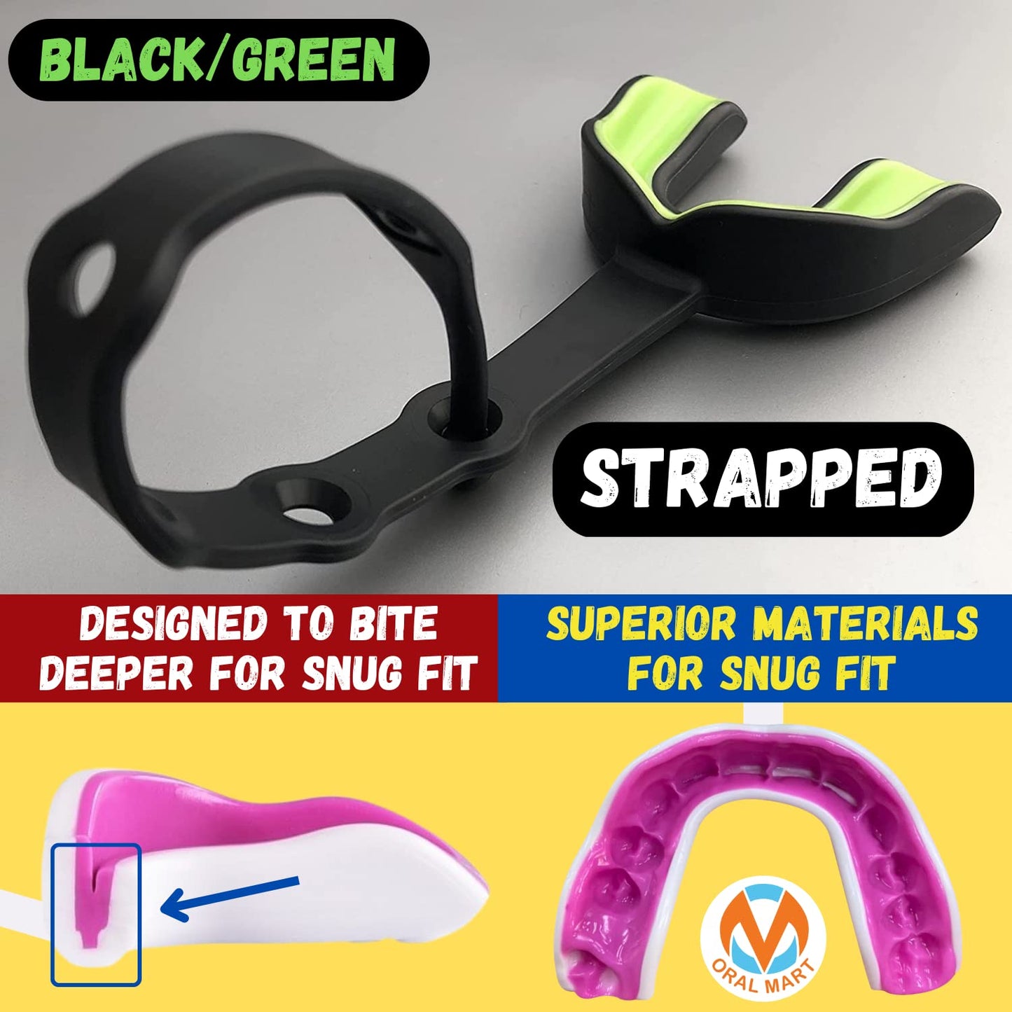 Oral Mart Black/Green Strapped Youth Mouth Guard for Kids - Sports Mouthguard with Connected Strap for Ice Hockey, Football, Lacrosse, Taekwondo