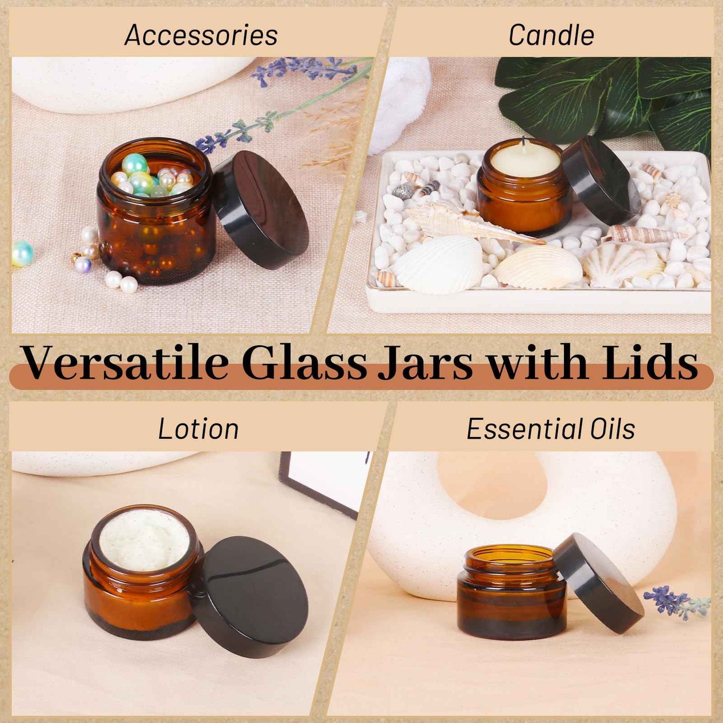 AuroTrends 1 oz Glass Jars with Lids 6Pack- Mini Amber Glass Jar/Cosmetic Containers with UV Protection,Travel Labels (30ml, Set of 6)