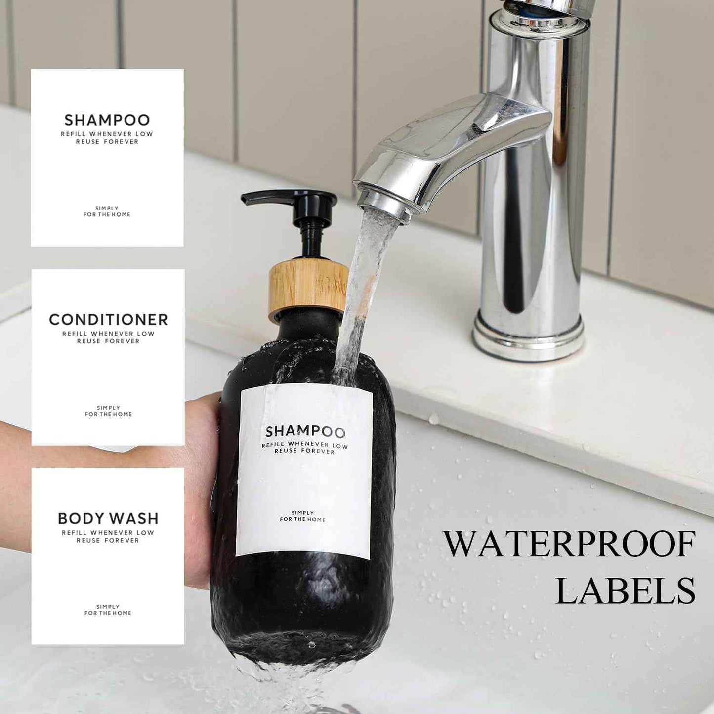 Shampoo and Conditioner Dispenser,16.9 fl oz Set of 3 Black Plastic Refillable Shower Shampoo Dispenser with Bamboo Tray, Reusable Pump Bottles with Labels for Bathroom Décor (Black+Bamboo Tray)