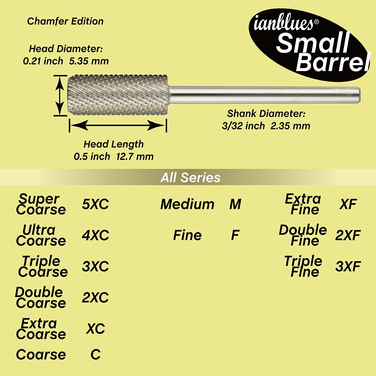 ianblues Nail Drill Bit, Small Barrel, Chamfer Edition, Professional E-File for Acrylics and Gel Nails, 3/32” (Extra Fine - XF)