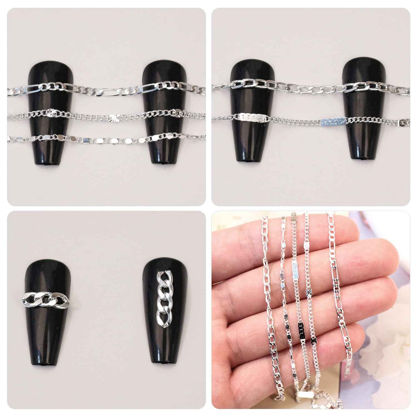 JERCLITY 1 Box 6 Strips Nail Chains for Nail Art Silver Alloy Metal Nail Art Chains Silver Nail Charms Punk Chains for Women