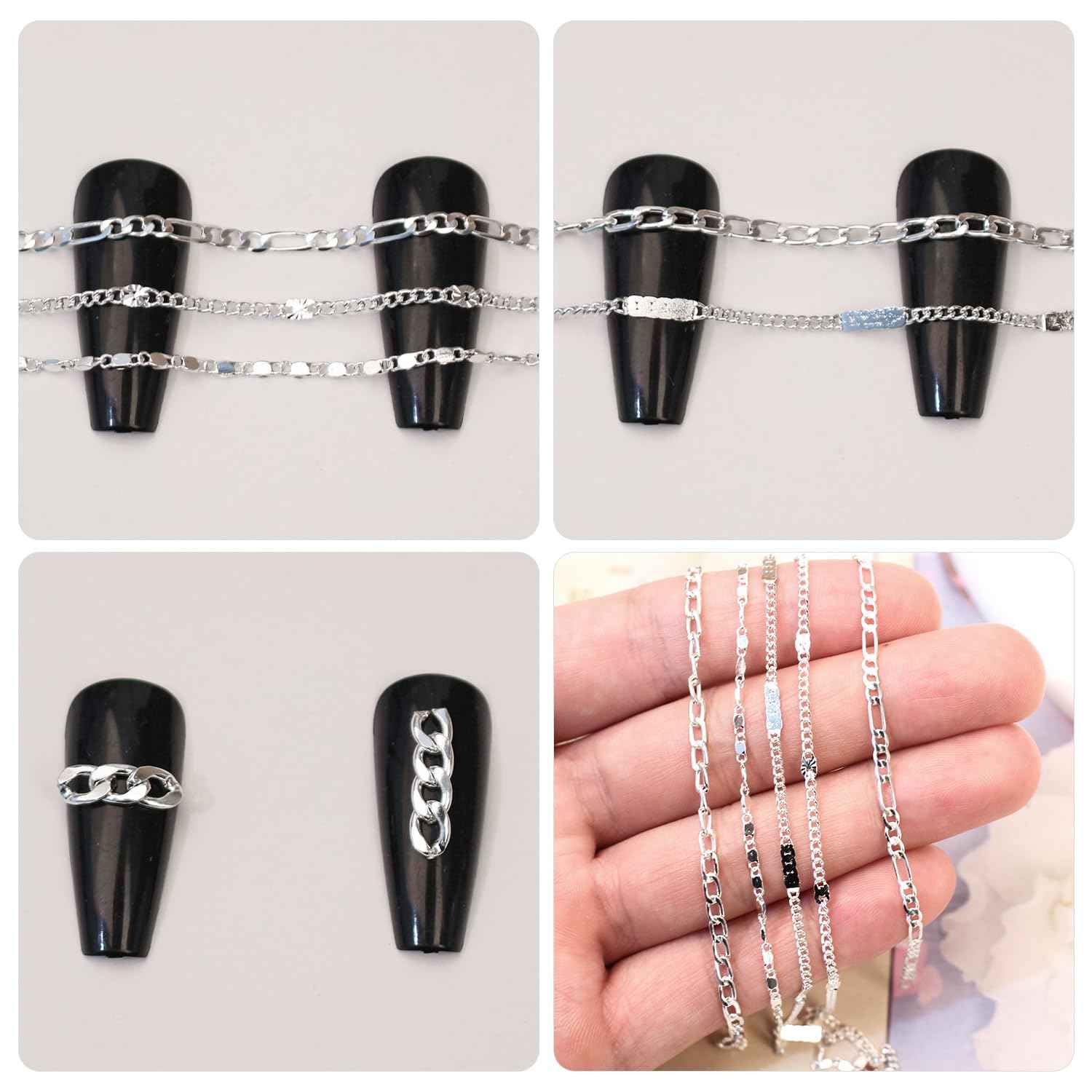 JERCLITY 1 Box 6 Strips Nail Chains for Nail Art Silver Alloy Metal Nail Art Chains Silver Nail Charms Punk Chains for Women
