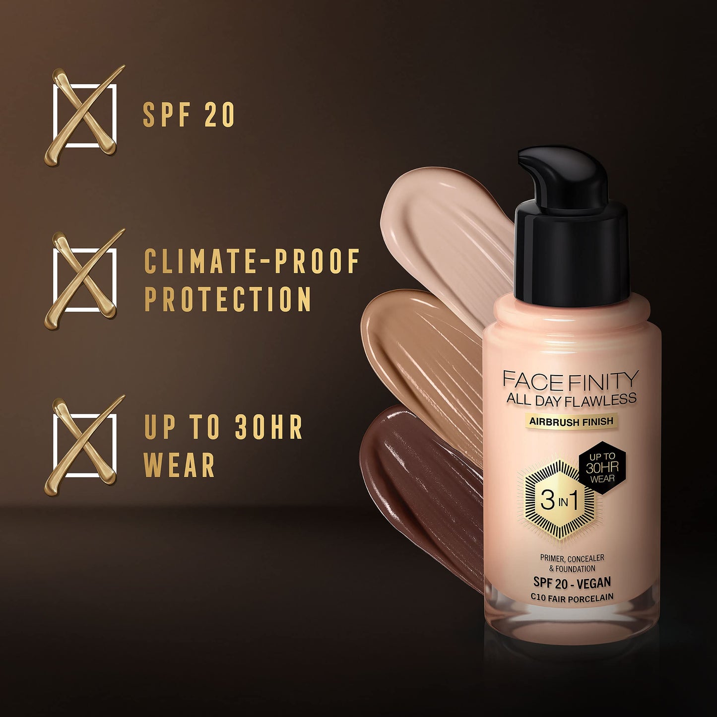 Max Factor Facefinity 3-in-1 All Day Flawless Liquid Foundation, SPF 20-10 Fair Porcelain, 30 ml