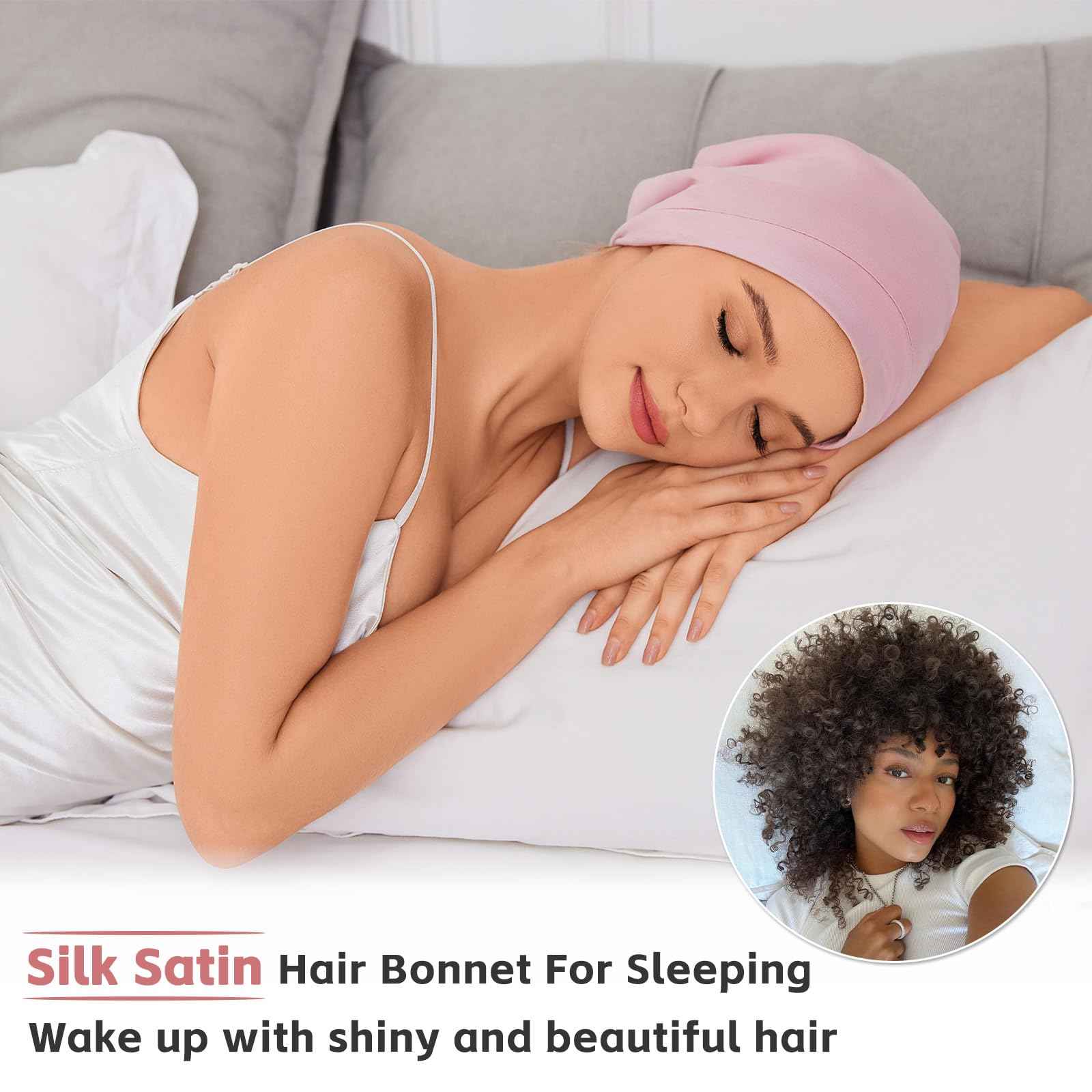 Silk Bonnet for Sleeping Women, Adjustable Silky Satin Lined Sleep Cap, Silk Hair Wrap for Sleep Night Cap for Natural Curly Hair 2PCS(Pink&Blue)