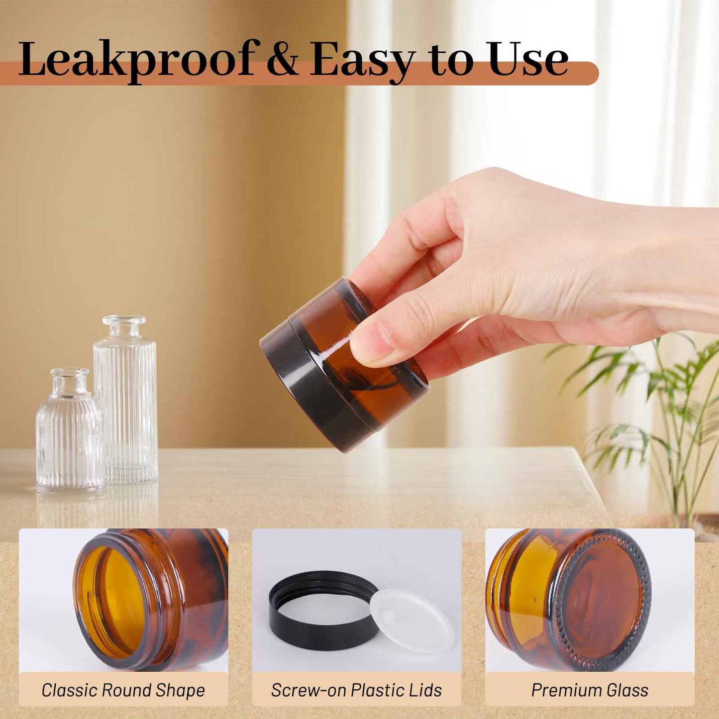 AuroTrends 1 oz Glass Jars with Lids 6Pack- Mini Amber Glass Jar/Cosmetic Containers with UV Protection,Travel Labels (30ml, Set of 6)