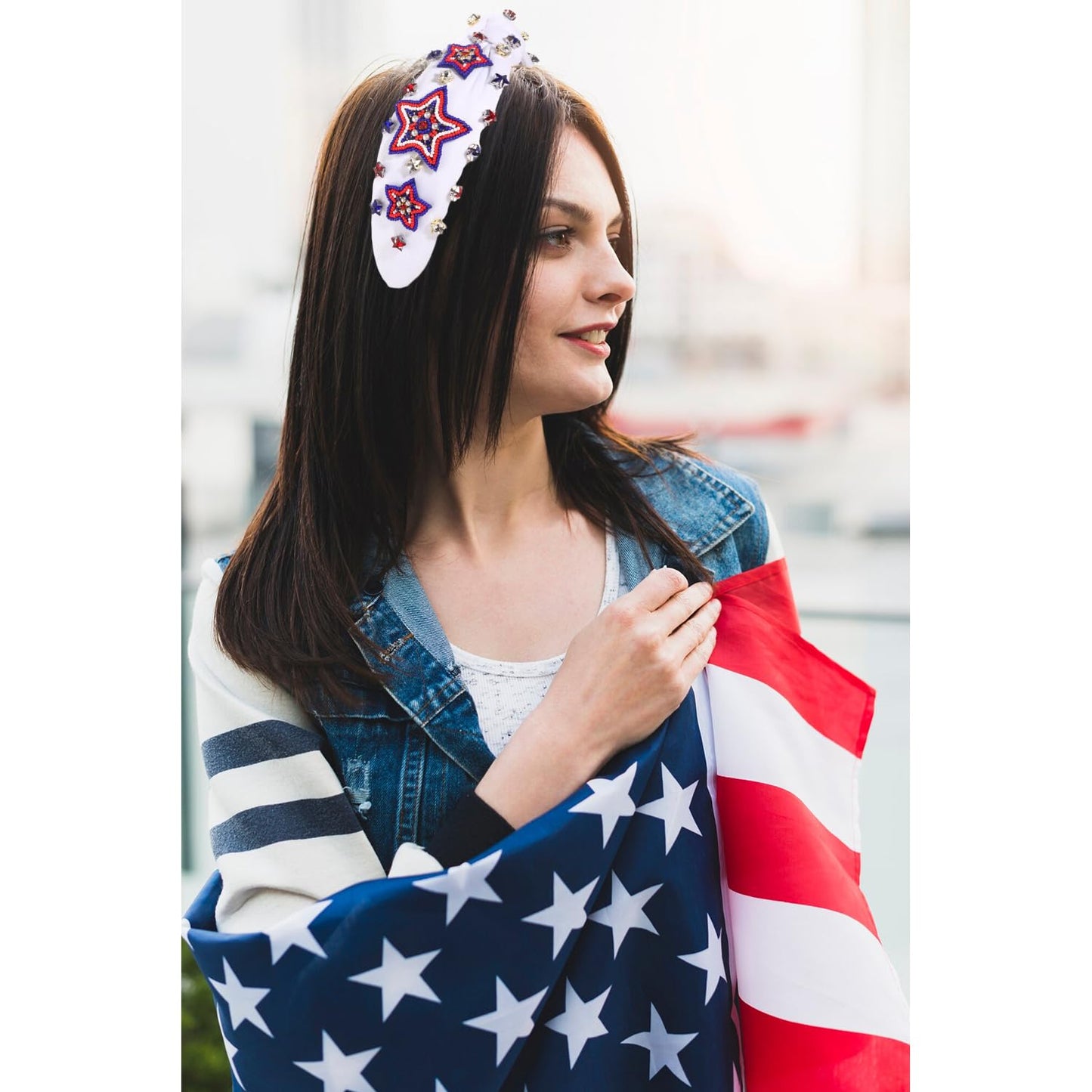 CEALXHENY 4th of July Headbands for Women, American Flag Patriotic Rhinestone Pearl Knotted Beads Embellished Jeweled White Headband Holiday Gifts