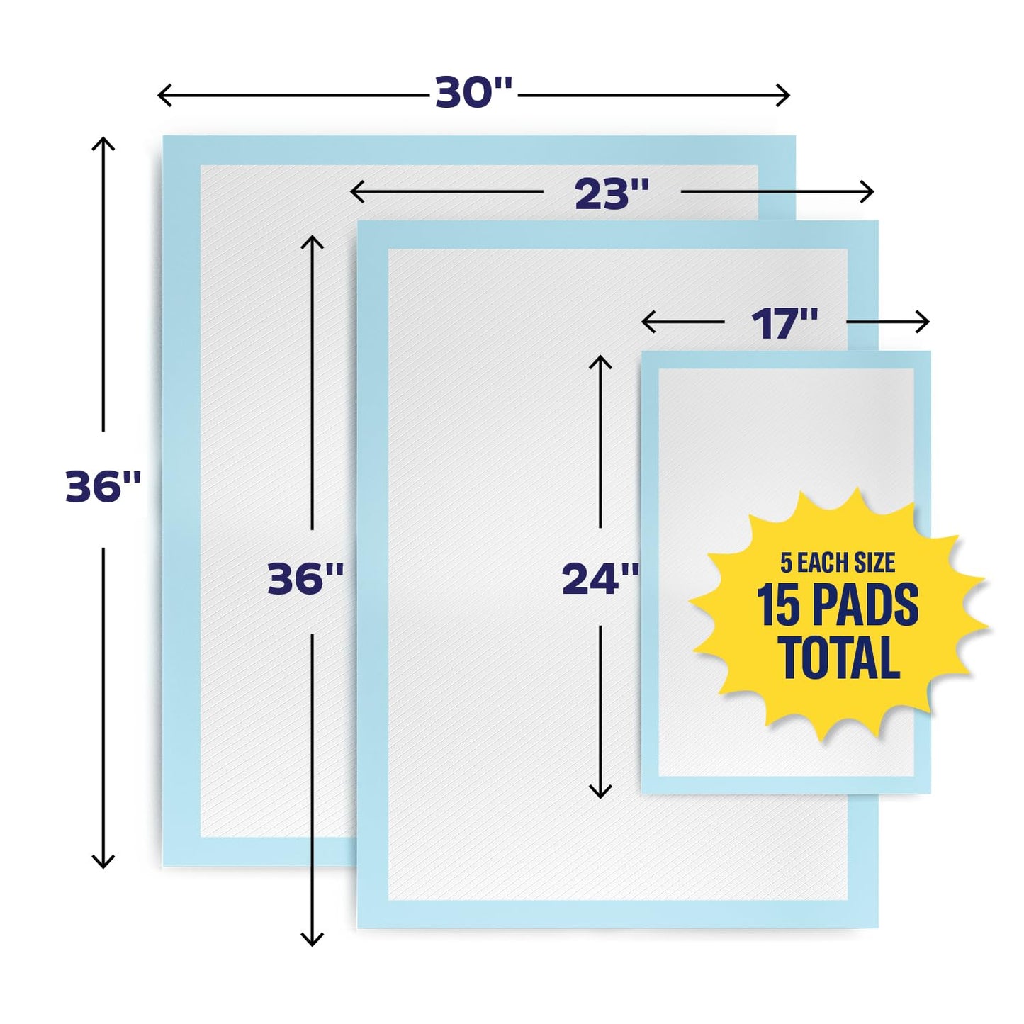 Chucks Pads Variety Pack - 3 Sizes - (17X24", 23X36", 30X36") - 15 Disposable Underpads - The Right Size for Every Need - Make Traveling Easy - Sample Our Range of Sizes or Pack Them for Your Trip!