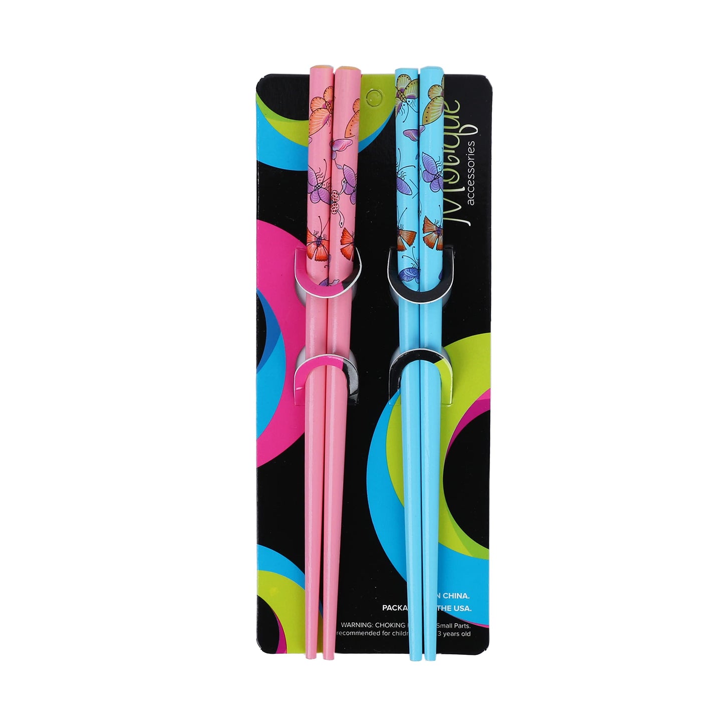 Set of 4 Hair Sticks Hair Chopsticks with Butterflies 7 inches Long - Pink and Blue