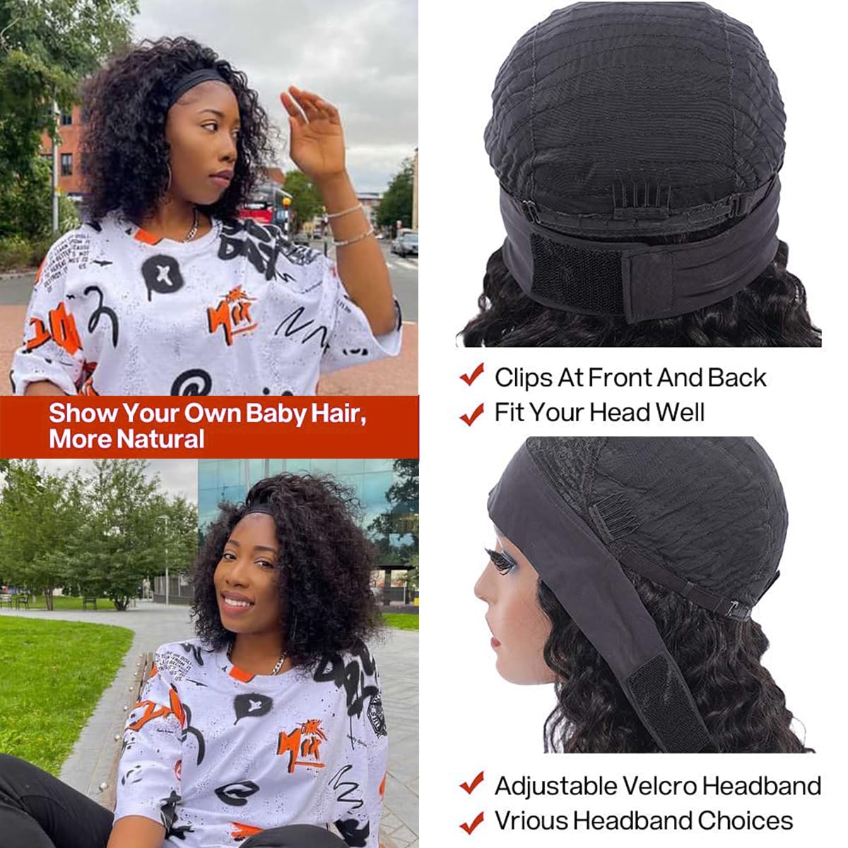 12''Water Wave Headband Wig Human Hair 150% Density Afro Wigs for Black Women Natural Curls 10A Glueless None Lace Front Wigs Easy to Wear Wig Water Wave Machine Made Wig