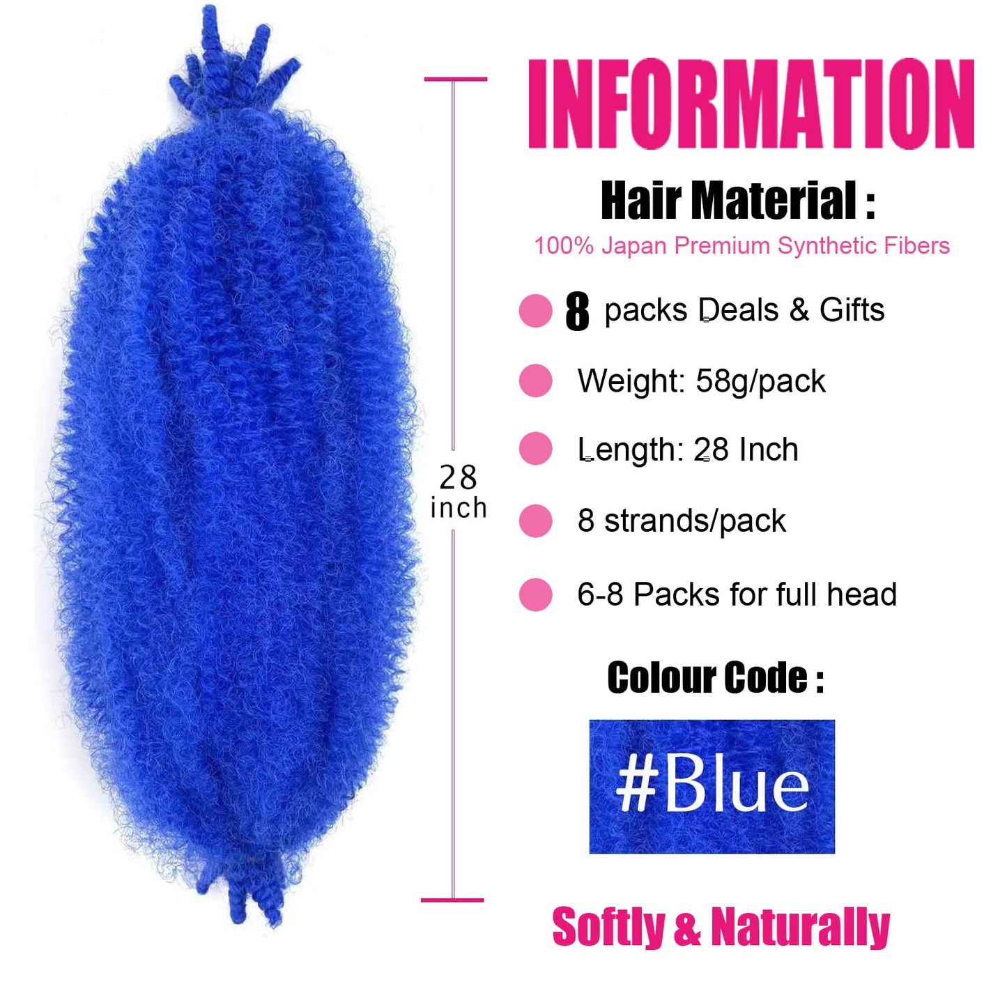 Afro Twist Hair 28 Inch 8 Packs, Springy Afro Twist Hair Pre Fluffed Spring Twist Hair Pre Stretched Wrapping Hair for Soft Locs Hair Extensions (8-Blue#)