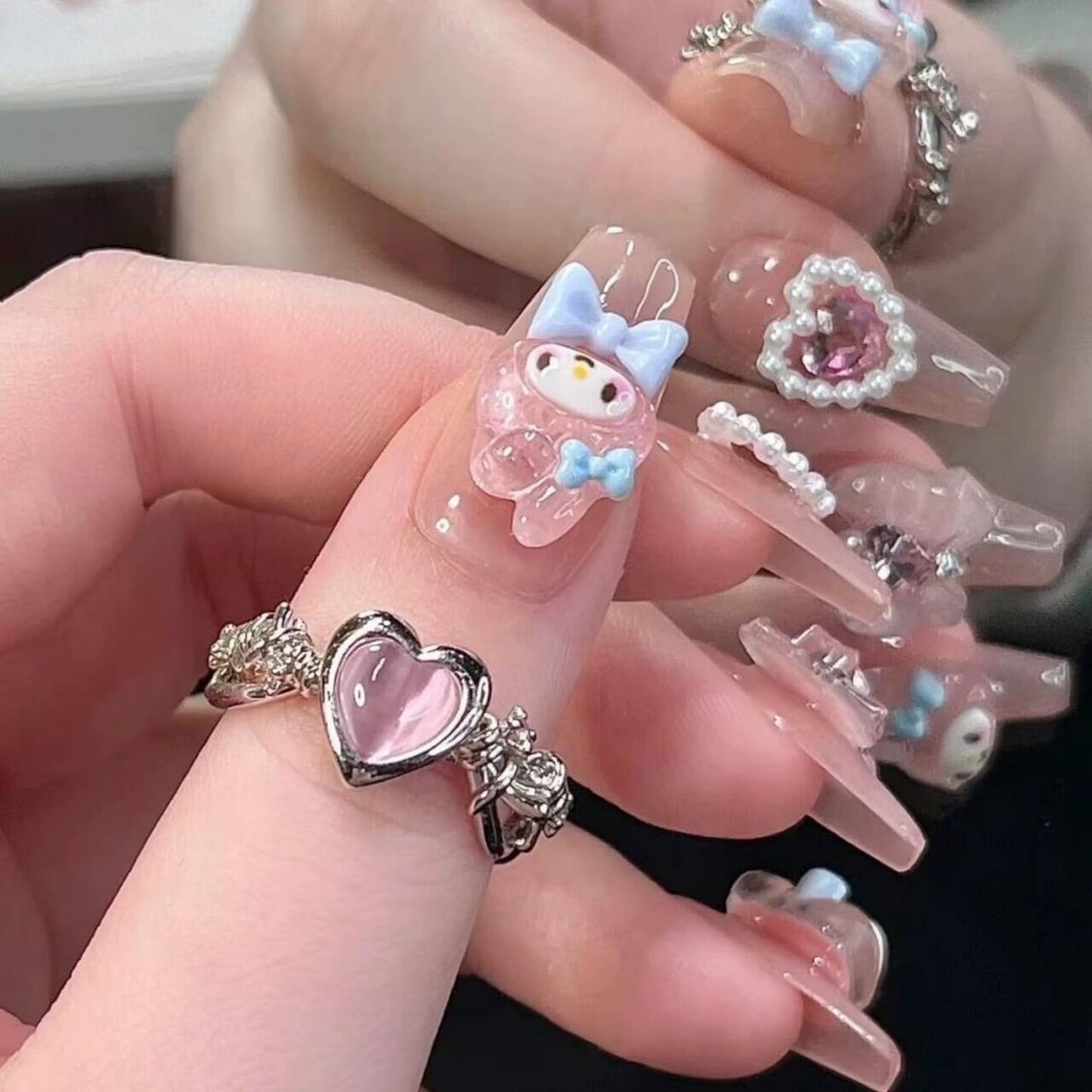 NLSJMP Thick Acrylic Press on Nails, Handmade Gel Press On Nails Long Square, bling pearl Cute bow rhinestone Kawaii Fake Nails Kit,Reusable 10 Nails Size M,#949