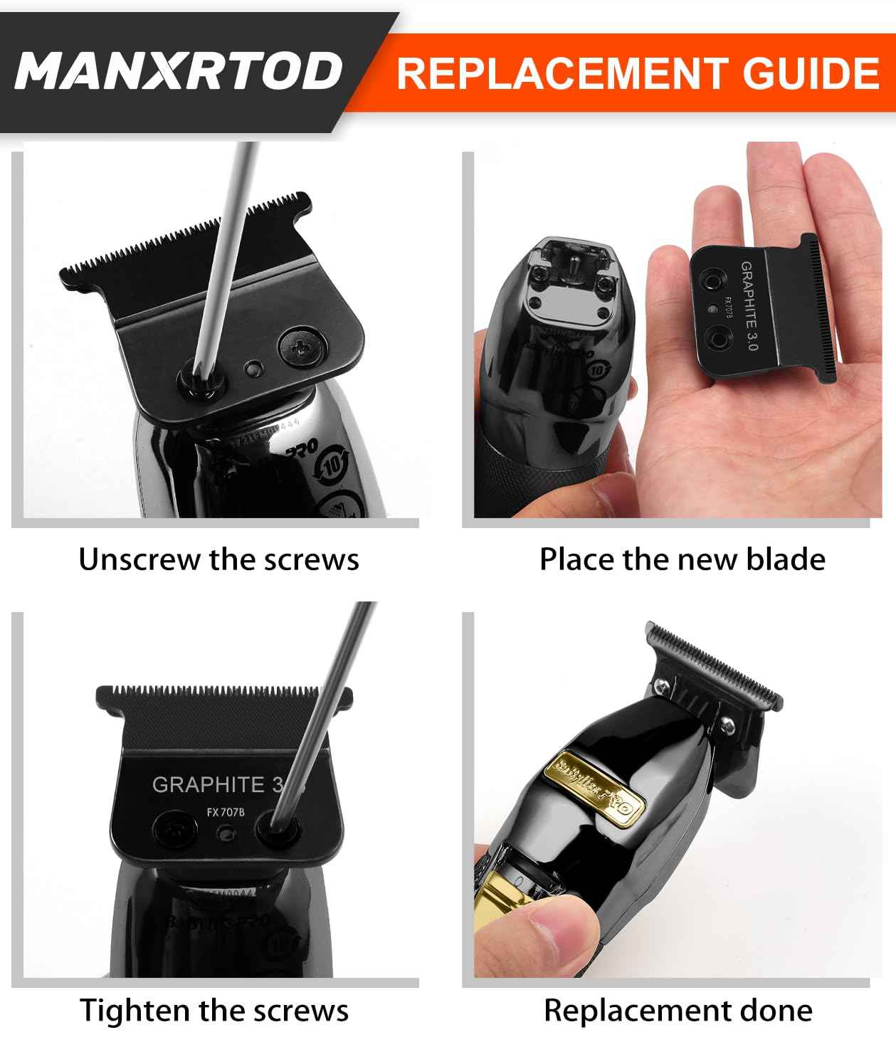 GRAPHITE 3.0 Replacement Blade for All BaByliss PRO FX787 & FX726 Trimmers, Ultra Precise FX707B Replacement Blades Compatible with BaByliss Trimmer Blades, Black