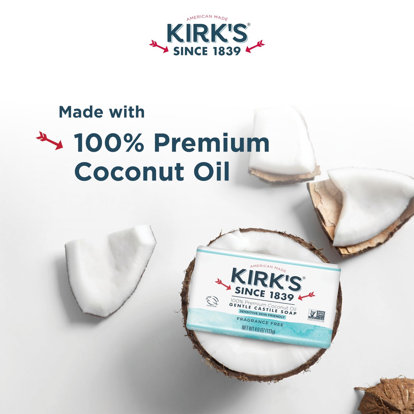 Kirk's Castile Bar Soap for Men, Women & Children - Made with Premium Coconut Oil, Sensitive Skin Formula- Vegan & Non GMO- Fragrance Free- 4 oz. Bars 6 Pack