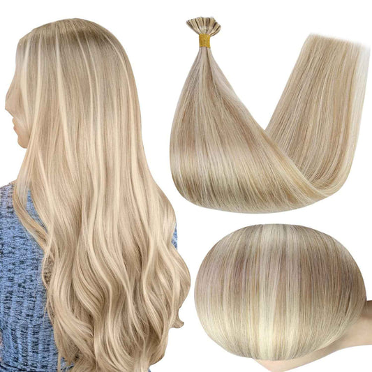 Full Shine U Tip Hair Extensions Human Hair Color 16P22 Blonde Highlighted Keratin Bond Human Hair Extensions 18 Inch Natural Remy Hair Fusion Extensions 50 Grams
