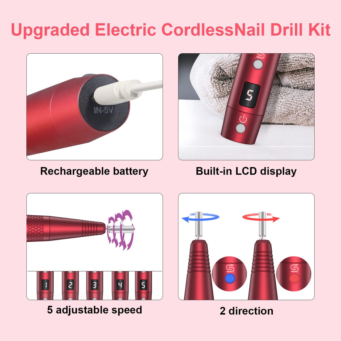 PELCAS Electric Nail Drill, Cordless LCD Nail File Kit 5 Adjustable Speeds 20000RPM Drill Nails Machine for Acrylic, Gel Nail, Manicure Pedicure Grinder Tool