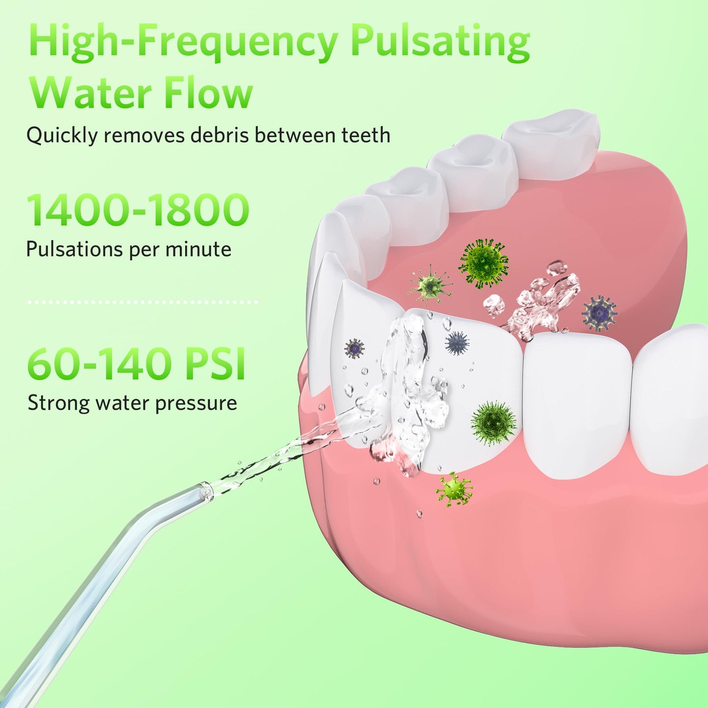 BESTEK Water Dental Flosser Teeth Pick: Cordless Portable Oral Irrigator with 4 Jet Tips, Rechargeable IPX7 Waterproof Water Flosser for Teeth, Gums, Braces Care and Travel - Green