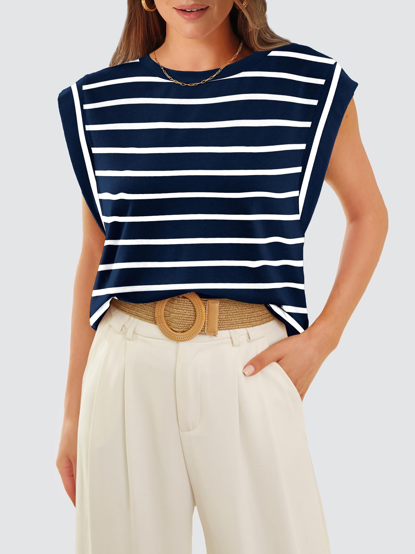 WIHOLL Navy Blue and White Stripe Shirt Basic Tee Soft Sleeveless Tank Tops Trendy Summer Outfits Fashion Clothes 2024 S