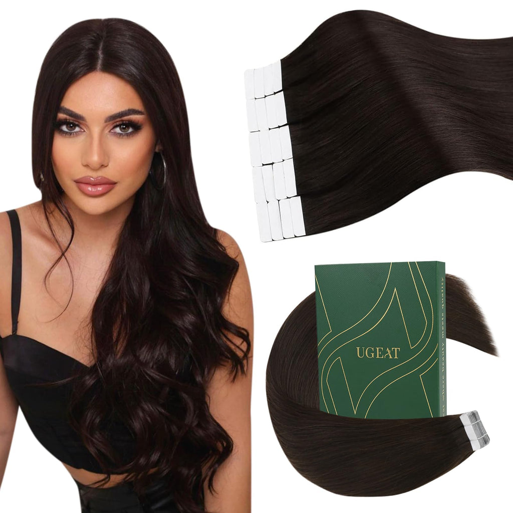 Ugeat Human Hair Tape in Extensions Brown Hair Extensions Real Human Hair Dark Brown Tape in Straight Remy Hair Extensions Invisible Double Sided Tape in Hair Extensions for Women 18Inch 20pcs 50G