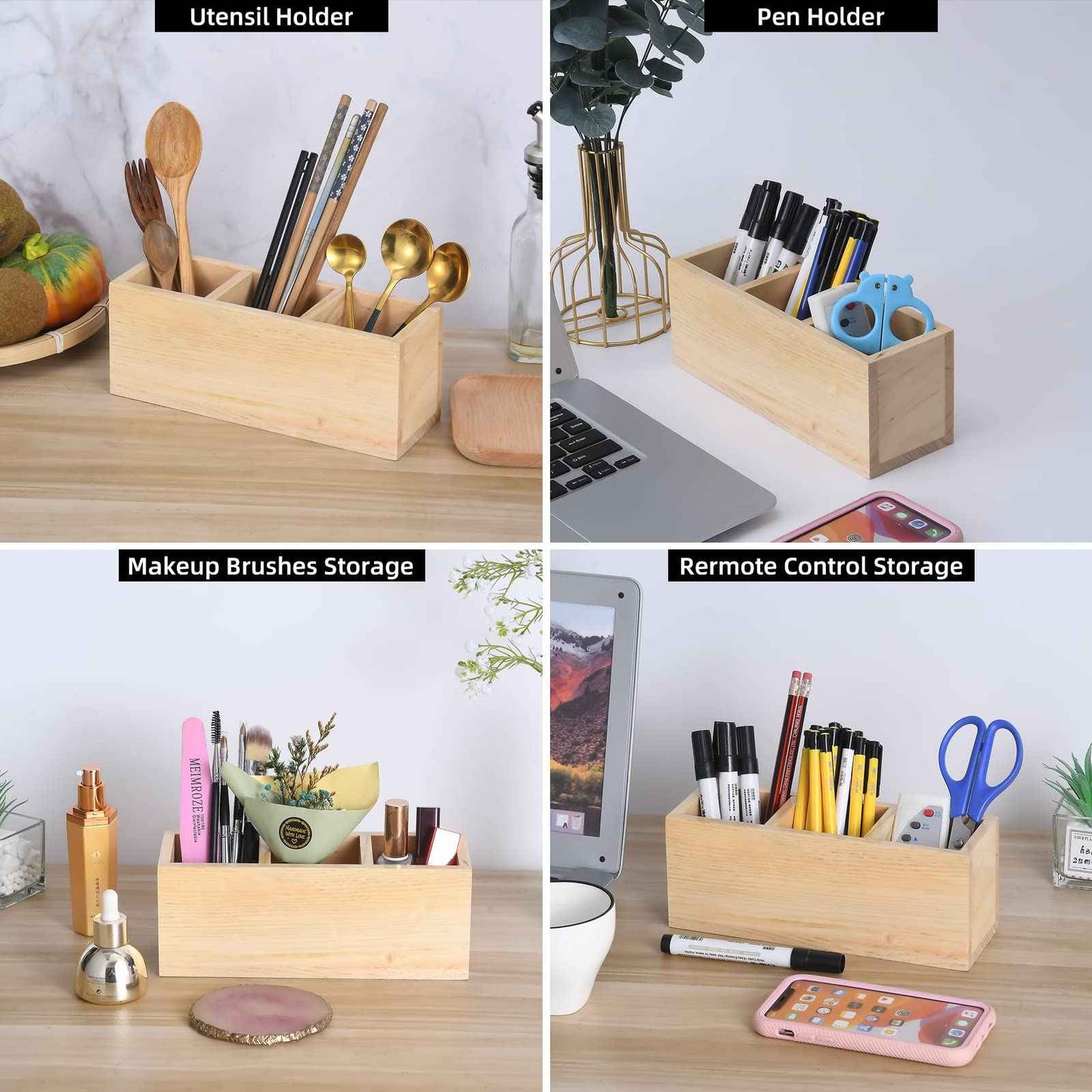 dedoot Wooden Pencil Holder Remote Holder, Unfinished 3 Compartment Wood Desk Organizers Drawer 3 Section, Rustic Remote Control Holder for Desk,School, Home and Office Supplies, 9x3x3.4 Inches