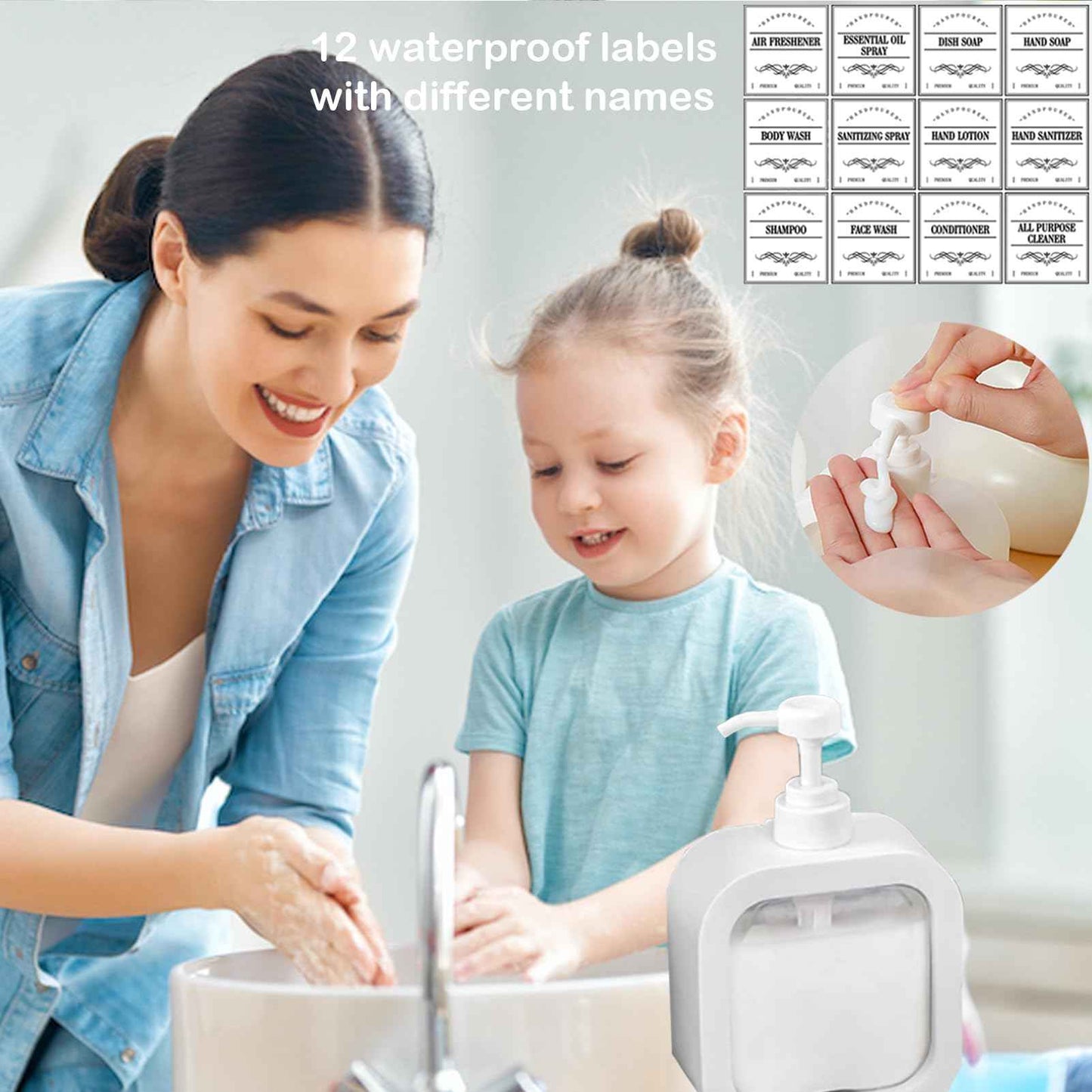 Octonyluck Soap Dispenser, Refillable Hand Soap Dispenser for Bathroom and Dish Soap Dispenser for Kitchen Sink, Liquid Soap Dispenser with Waterproof Label, White Bathroom Dispenser 10 Oz