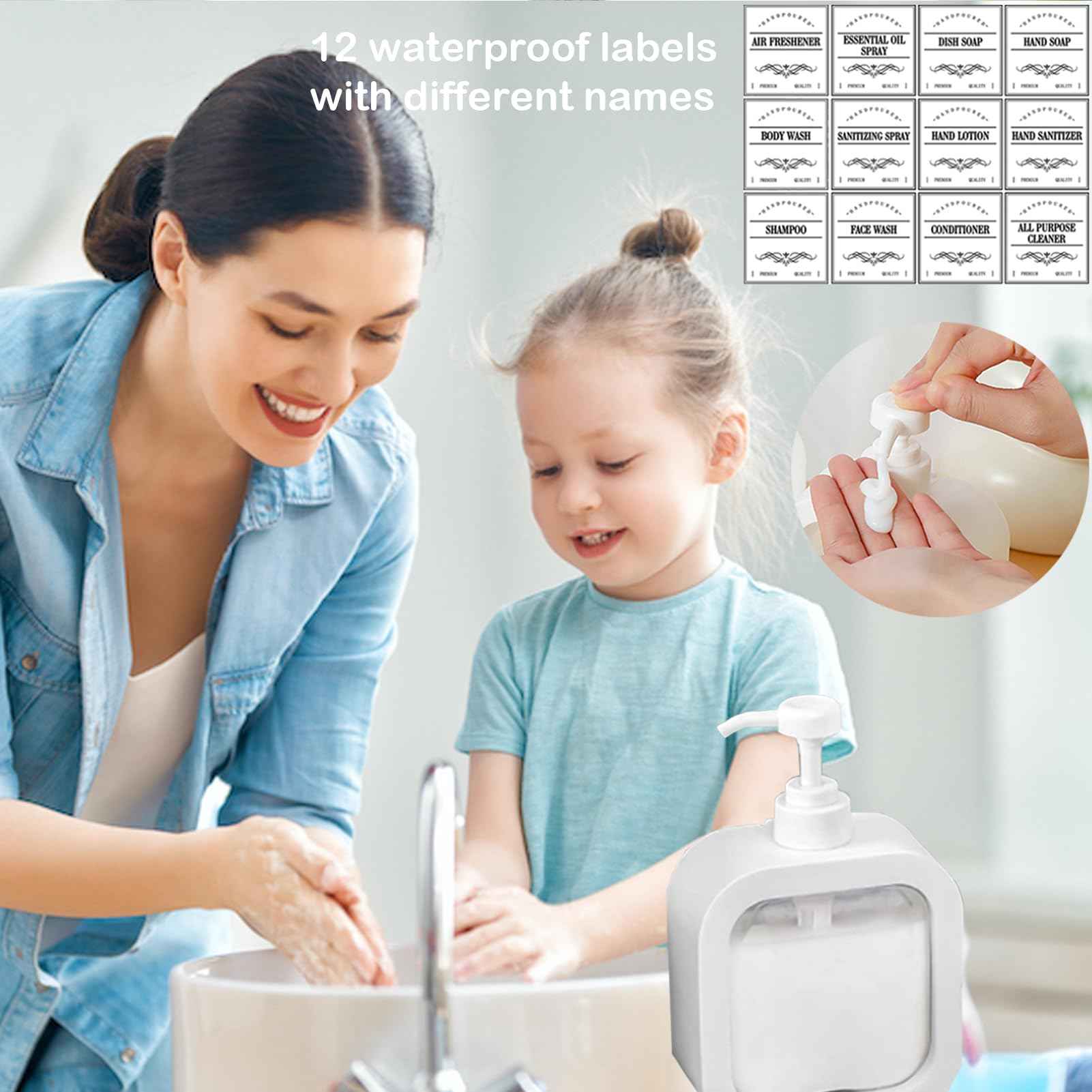 Octonyluck Soap Dispenser, Refillable Hand Soap Dispenser for Bathroom and Dish Soap Dispenser for Kitchen Sink, Liquid Soap Dispenser with Waterproof Label, White Bathroom Dispenser 10 Oz