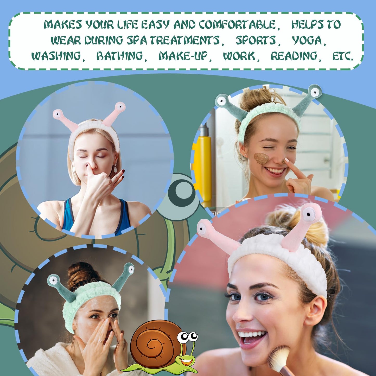 2Pcs Face Wash Headband Palm and Snail Spa Hair Bands Makeup Headbands Women Cartoon Cute Coral Fleece Elastic Headband Creative Hair Accessories for Washing Face Shower Sports Beauty Skincare