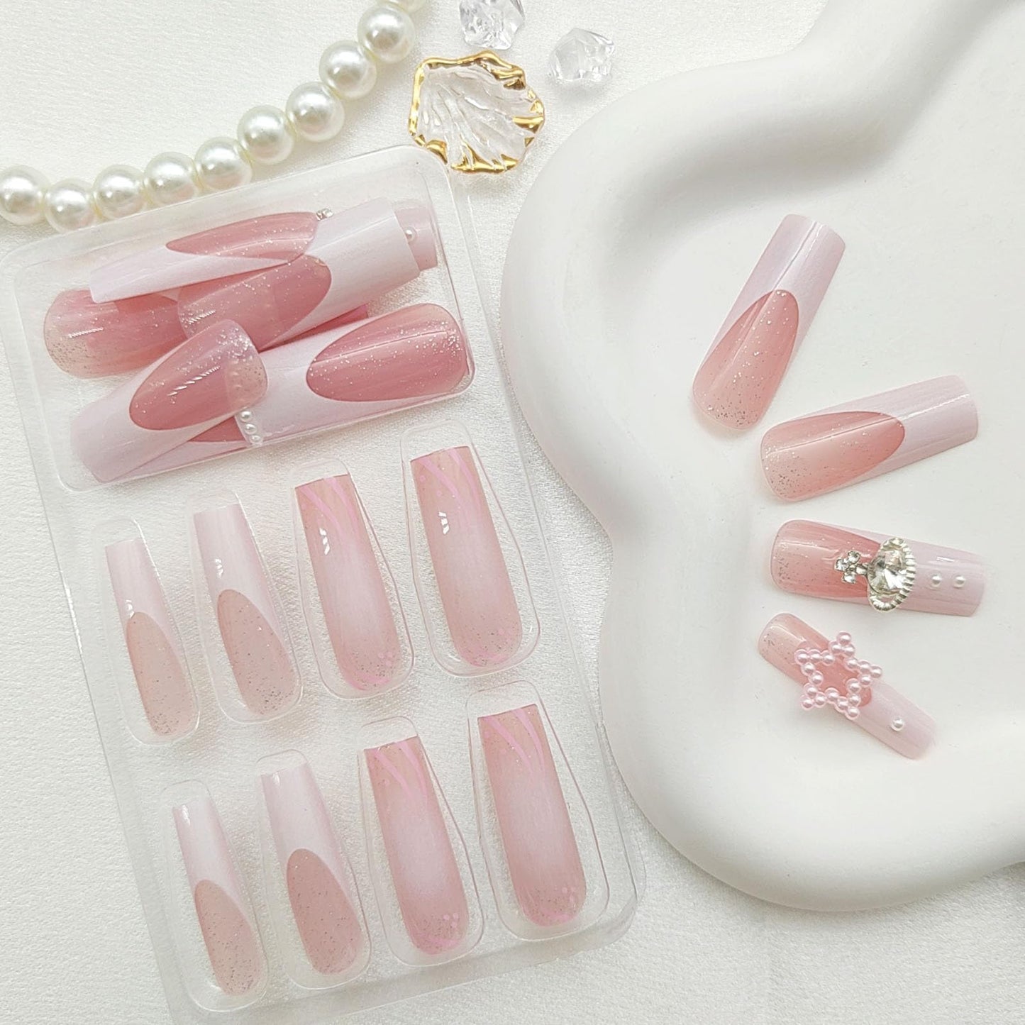 White French Tip Press on Nails Long Square Glue on Nails 3D Pearl & Rhinestones Fake Nails Light Pink Translucent Acrylic Nails Bling Glitter False Nails Glossy & Cute Stick on Nails for Women 24 Pcs