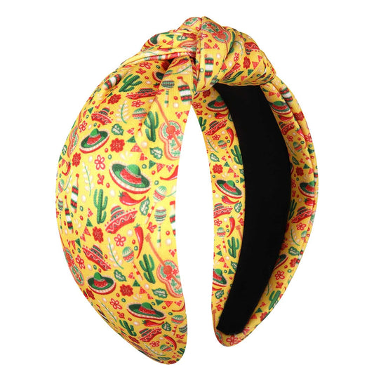 vokone Cinco De Mayo Headband Yellow - 5.5 inches, Wide Hairband with Top Knot, Mexican Costume Headwear, Halloween Headband, Costume Headwear for Women, Fabric, Hand Wash Only