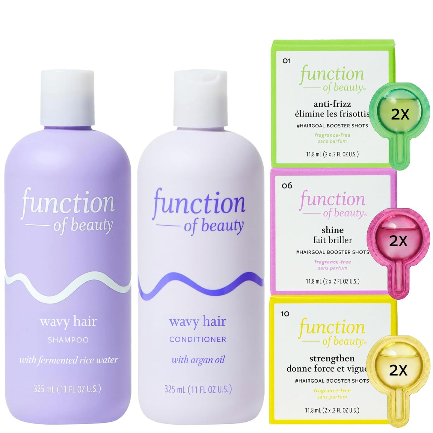 Function of Beauty Wavy Hair Shampoo + Conditioner (11 oz Each) + Shine, Strengthen, & Anti-Frizz #HairGoal Boosters Set - Sulfate-Free, Formulated to Enhance Glossiness & Natural Shine