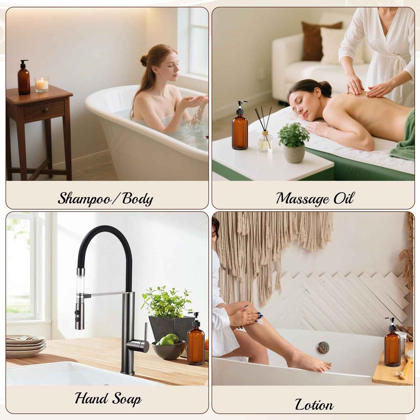 12 Pack Amber Glass Bottles 8oz with Pump Dispensers, Refillable Empty Pump Bottles for Bathroom, Kitchen, Shampoo, Soap, Lotion – Includes 2 Funnels & 12 Labels