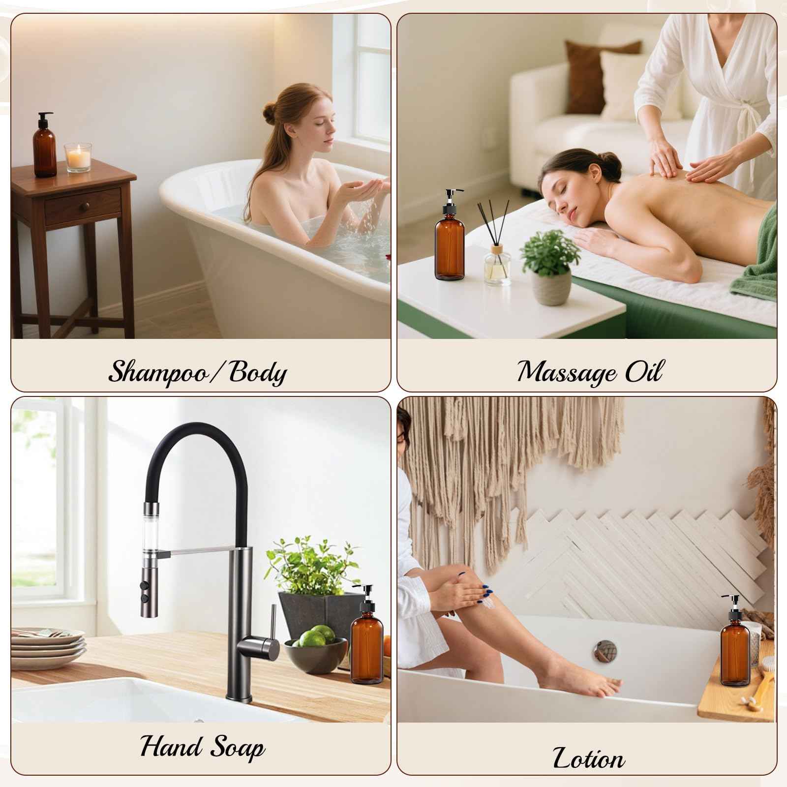 12 Pack Amber Glass Bottles 8oz with Pump Dispensers, Refillable Empty Pump Bottles for Bathroom, Kitchen, Shampoo, Soap, Lotion – Includes 2 Funnels & 12 Labels