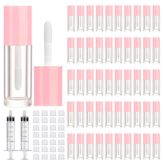 50pcs 2.5ml Empty Lip Gloss Containers Lip Gloss Tubes with Wand Cute 0.08oz Clear Refillable Lipgloss Making Supplies Kit for DIY Makeup + 2pcs Syringes (Pink)