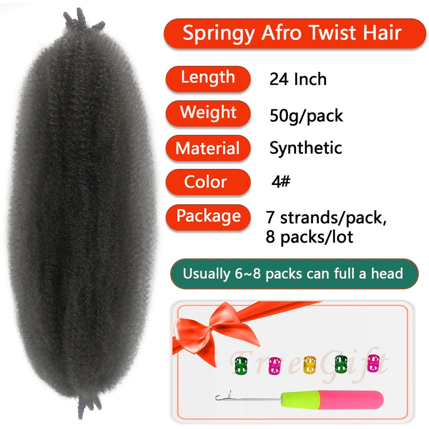 24 Inch Marley Twist Braiding Hair Color 4 Afro Spring Twist Hair 8 Packs Springy Afro Twist Hair Dark Brown Kinky Curly Braiding Hair 4# Pre-Fluffed Spring Twist Hair Wrapping Hair for Soft Locs