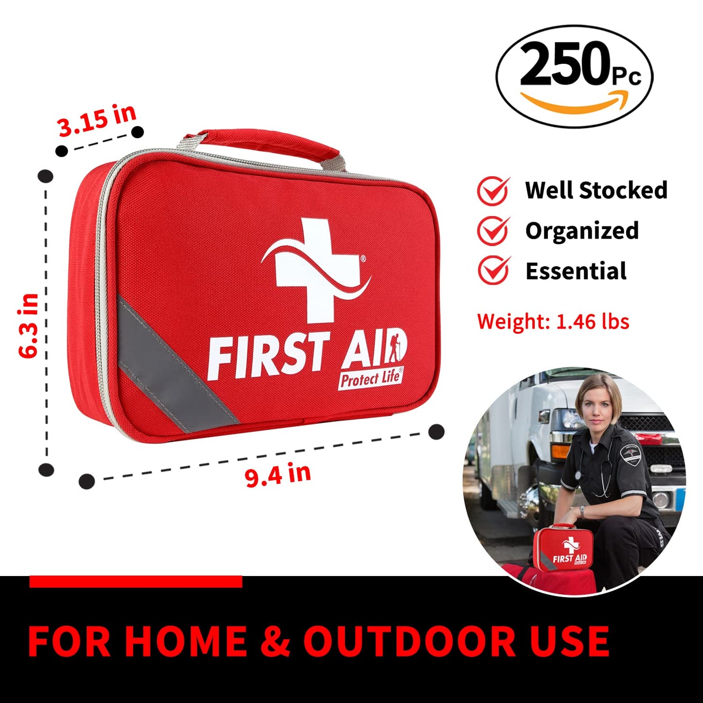 Protect Life First Aid Kit for Home/Business, HSA/FSA Eligible Emergency Kit | Medical First Aid Kit | Camping First Aid Kit Hiking | Small First Aid Kit for Car | Travel First Aid Kit Mini - 250pcs