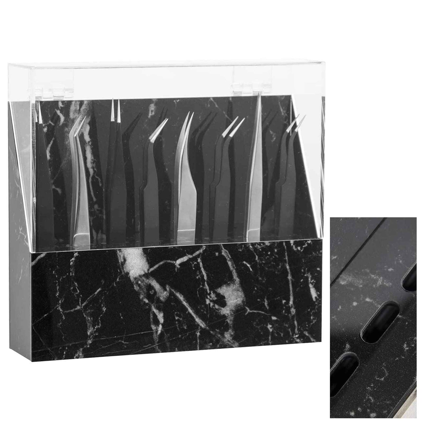 LXIANGN 8 Holes Dust-proof Eyelash Tweezers Holder Case Acrylic Marble Tweezer Stand Display Organizer with Cover for Lash Extensions (black)