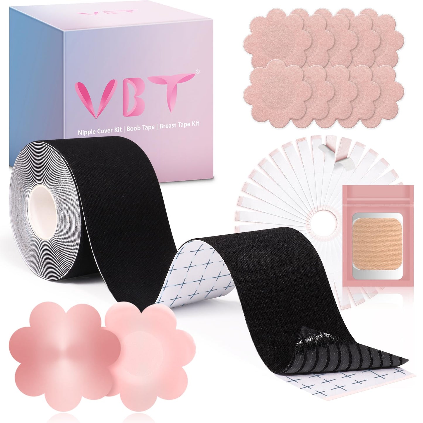 VBT Boob Tape Kit, Boobtape for Breast Lift with 1 Breast tape, 5 Pairs Satin Bra Petals, 1 Pair Silicone Nipple Stickers, 36 PCS Double Sided Tape, Boobytape for Large Breasts A-G Cup