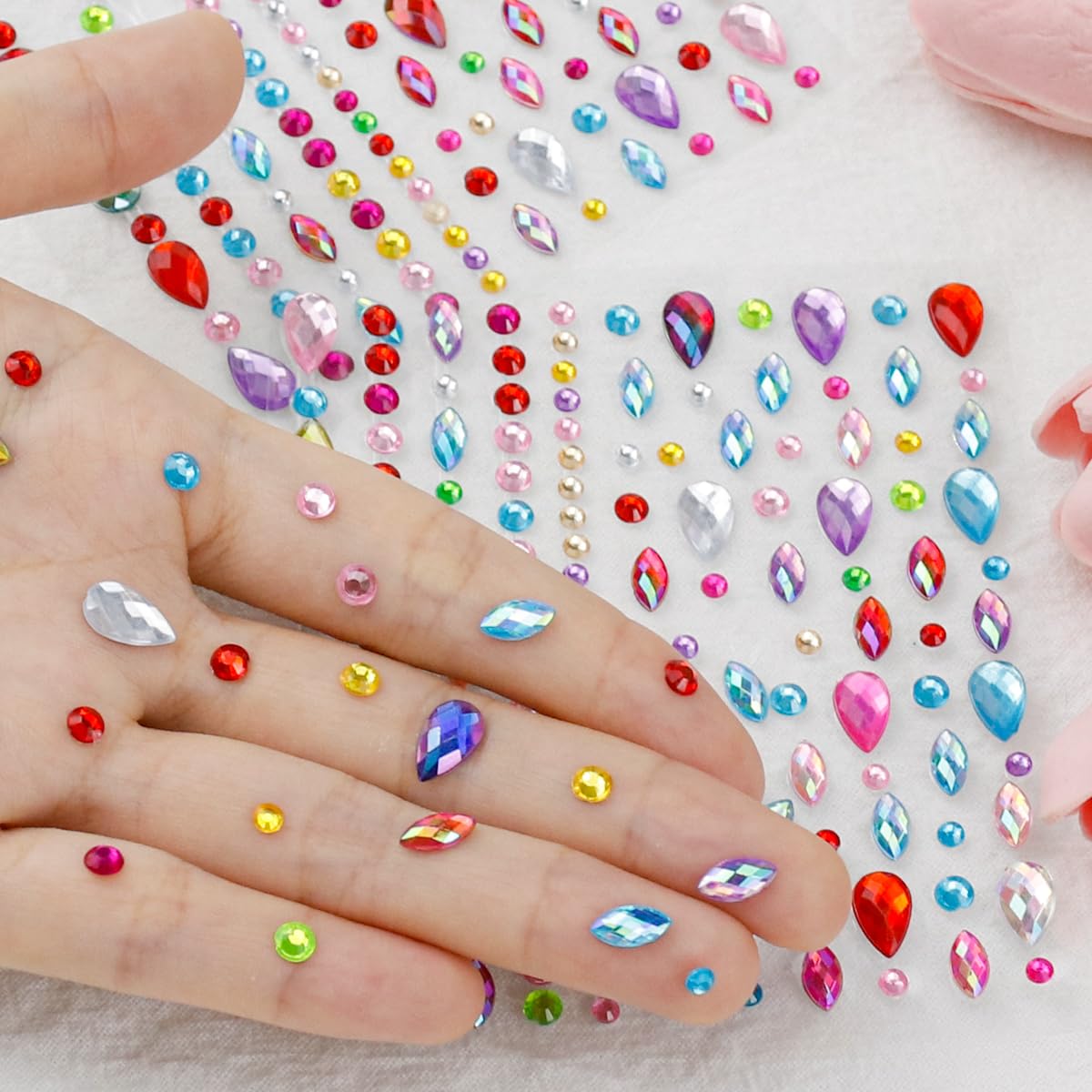 2PCS Face Gems Eye Jewels Stickers Self Adhesive Rhinestones Gems Crystals Pearls Decal Rainbow Rhinestone for Makeup Hair Body Stick Gems for Women Festival Accessory and Nail Art Decoration