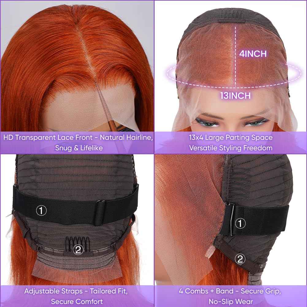 UTIDE #350 Ginger Bob Lace Front Wig Human Hair 13x4 HD Transparent Lace Frontal Wigs Pre Plucked Short Straight Bob Wig for Black Women with Baby Hair 180% Density Brazilian Orange Ginger Wig 8 Inch